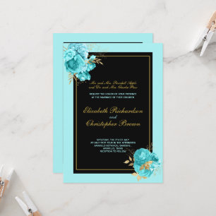 Convites Pais de Noiva Floral Dourado Preto Azul Turquesa E