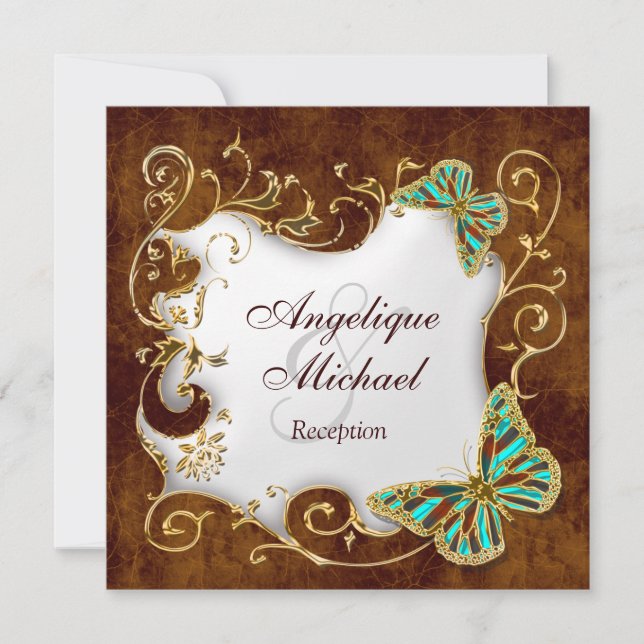 Convites País de ouro Brown aqua - Casamento de recepção (Frente)