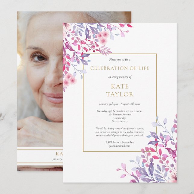 Convites País Floral Foto Funeral Celebração da Vida (Frente/Verso)