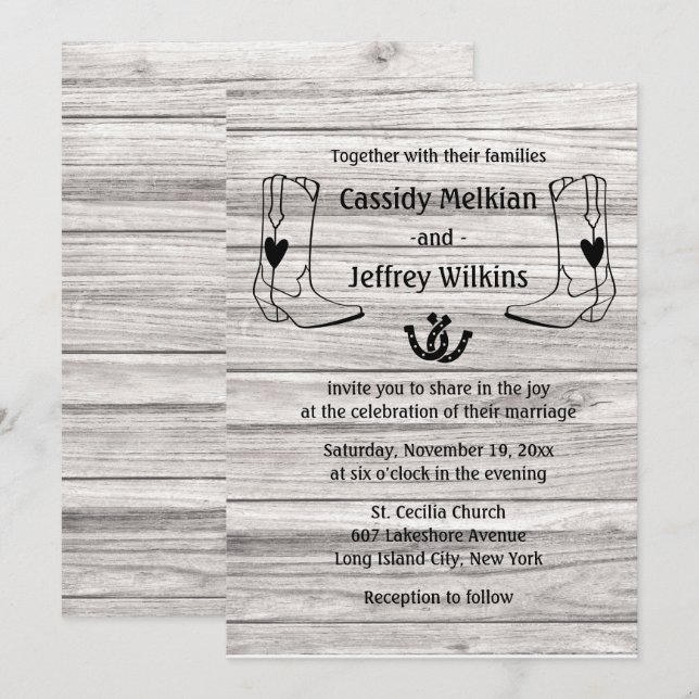 Convites País Oeste Casamento Cowboy Boots Madeira Rústica (Frente/Verso)