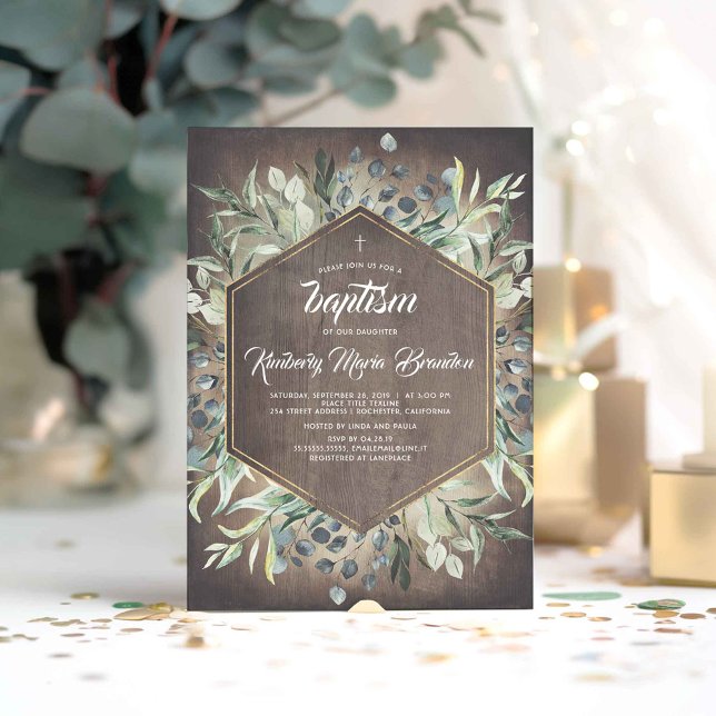 Convites País Russo | Batismo do Jardim Verde Natural (Greenery Rustic Barn Wood Baptism Invitations)
