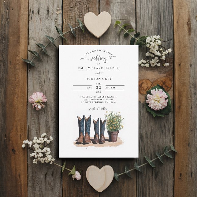 Convites País Sr. Cowboy Boots Wildflower Wedding (country wedding invitation rustic western barn chic modern watercolor cowboy boots watercolor)