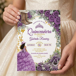 Convites País Western Rosas Roxas Douradas Quinceañera