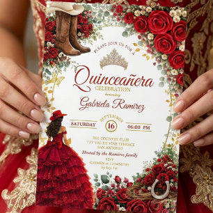Convites País Western Rosas Vermelhas Douradas Quinceañera