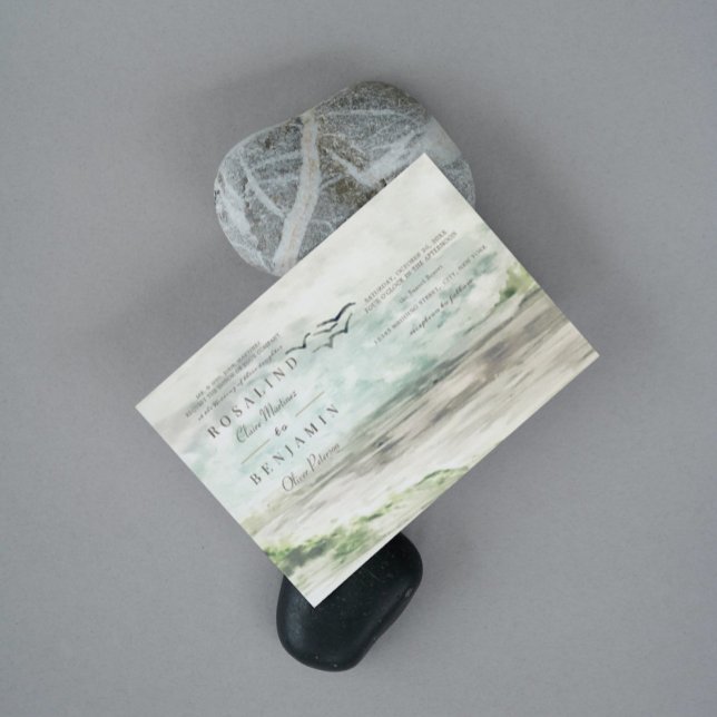 Convites Paisagem de Aquarela Romântica 3 Fotos Casamento (Criador carregado)