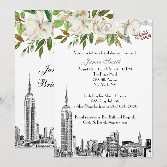 Convites Paisagem de NYC Casamento Floral Branco Etch Chá d (Frente/Verso)
