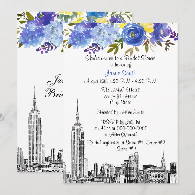 Convites Paisagem de NYC ESB Etch Azul Amarelo Floral Chá d (Frente/Verso)