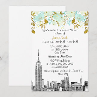 Convites Paisagem de NYC ESB Etch Mint Gld Floral Chá de No