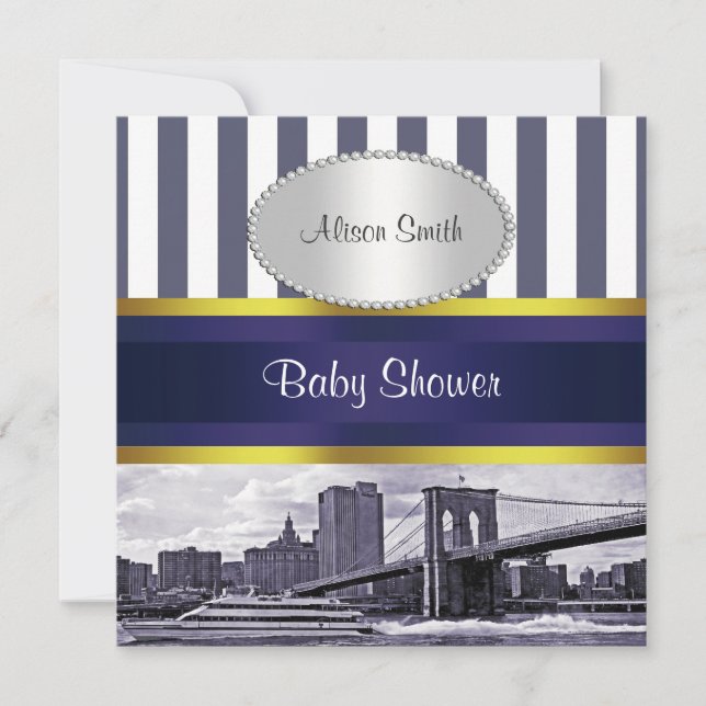 Convites Paisagem de NYC Ponte de Brooklyn Azul Branco Chuv (Frente)