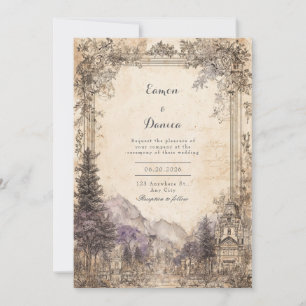 Convites Paisagem Montanhosa Europeia Vintage para Casament