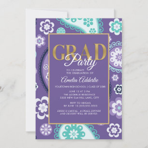 Convites Paisley Dourado de Teal Roxo da Festa de formatura