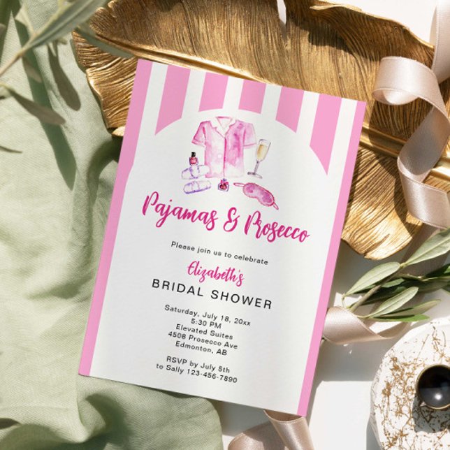 Convites Pajamas and Prosecco Bridal Shower Pink Stripes (Criador carregado)
