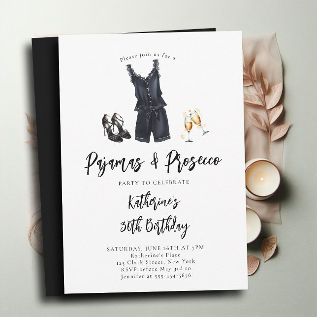 Convites Pajamas Prosecco PJ Partido Black Chic aniversário (pajamas and prosecco 30th birthday invitation adult pj party slumber elegant black robe stilettos)