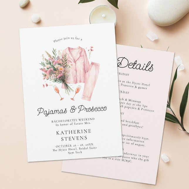 Convites Pajamas Prosecco Wildflower Bachelorette Itinerary (pajamas prosecco bachelorette itinerary invitation champagne wildflowers lingerie pj elegant classy )
