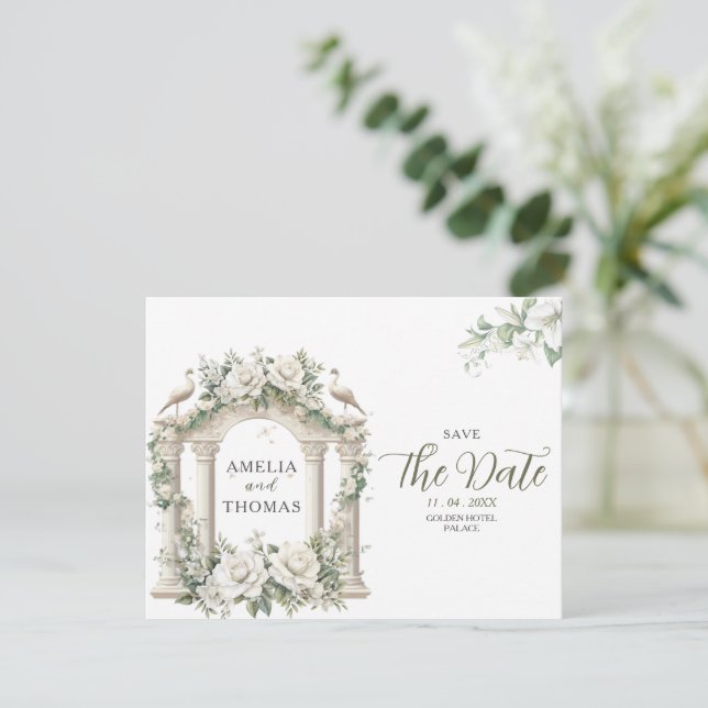 Convites Palácio Elegante com Folhagem Save the Date (Em pé/Frente)