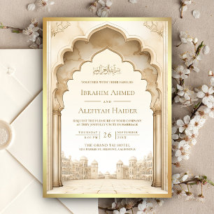 Convites Palácio Islâmico Rústico Marfim Dourado Casamento 