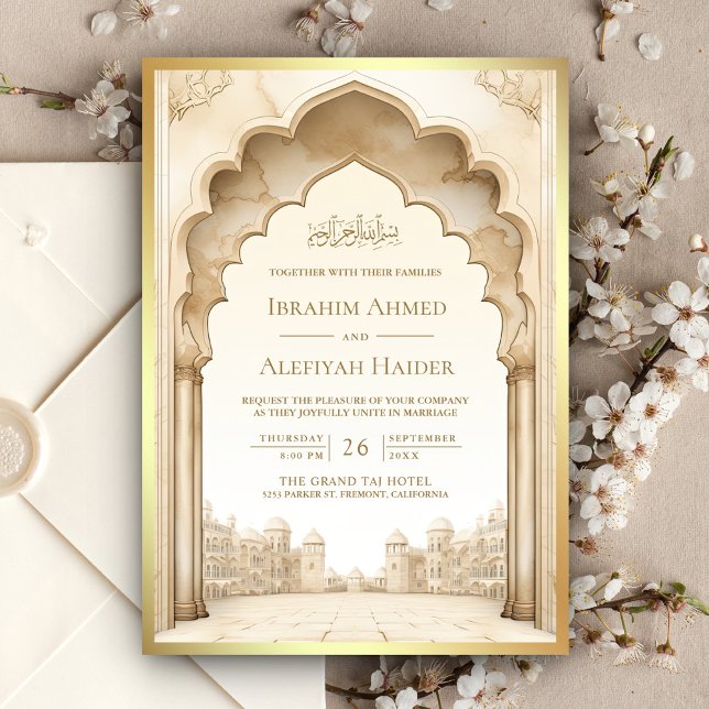 Convites Palácio Islâmico Rústico Marfim Dourado Casamento  (Criador carregado)