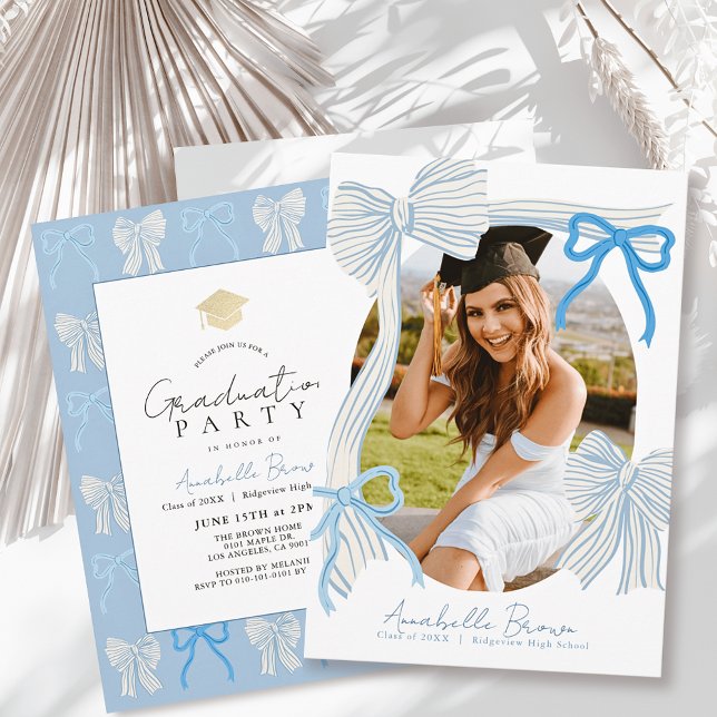 Convites Pale Blue Bows Photo Graduation Party (Criador carregado)