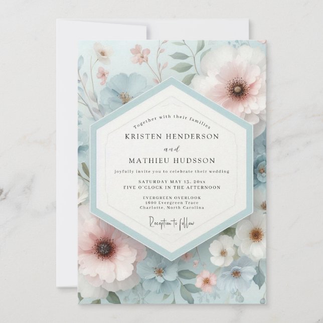 Convites Pale Blue Floral Dream Wedding (Frente)