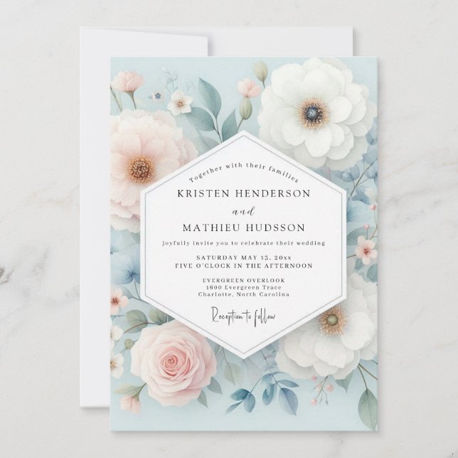 Convites Pale Blue Floral Whimsy Wedding (Frente)