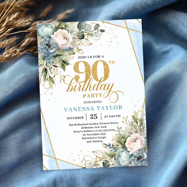 Convites Pale blue gold wreath elegance 90th birthday  (Pale blue gold wreath elegance 90th birthday invitation)
