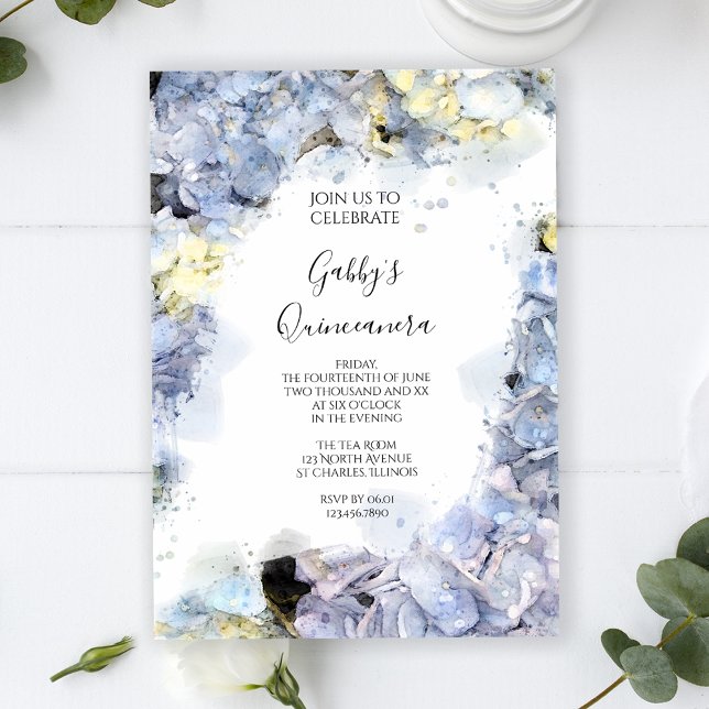 Convites Pale Blue Hydrangea Watercolor Quinceanera Party (Criador carregado)