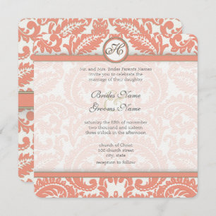 Convites Pale Coral & Gray Damask  Wedding Invitations