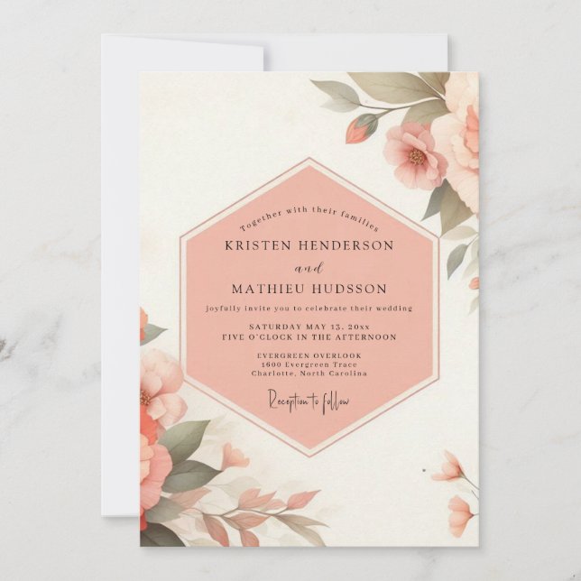 Convites Pale Peach Floral Romance Wedding (Frente)
