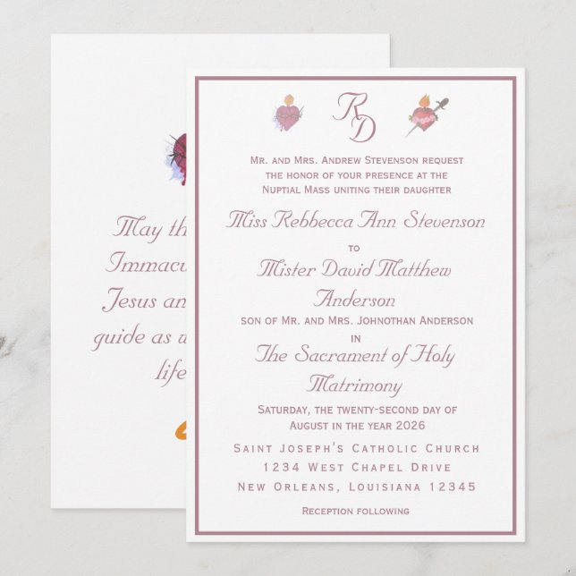 Convites Pale PinkTwo Hearts Catholic Wedding Invitation (Frente/Verso)