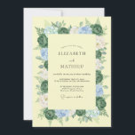 Convites Pale Yellow Botanical Romance Wedding<br><div class="desc">A serene composition blooms with lush emerald greenery and soft blue hydrangeas. Delicate white and cream blossoms intertwine,  creating an ethereal and romantic feel. The pale yellow backdrop evokes a gentle,  sunlit ambiance perfect for a sophisticated occasion.</div>