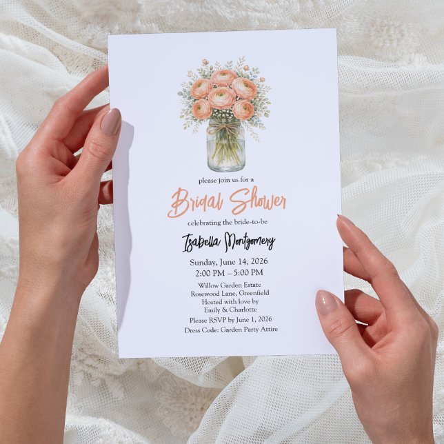 Convites Paleta de Pêssego Ranunculus Jarro de Pedra Chá de (Peach Palette Ranunculus Mason Jar Bridal Shower Invitation
)