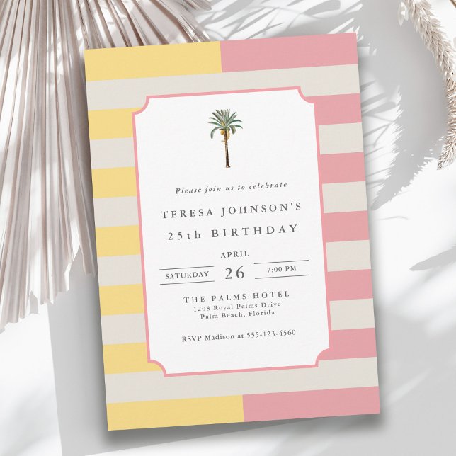 Convites Palm Beach Pastel Stripe Tropical 25th Birthday (Available in both printed and instant download digital formats.)