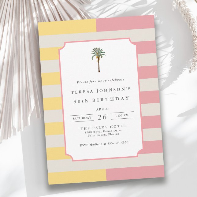 Convites Palm Beach Pastel Stripe Tropical 30th Birthday (Available in both printed and instant download digital formats.)