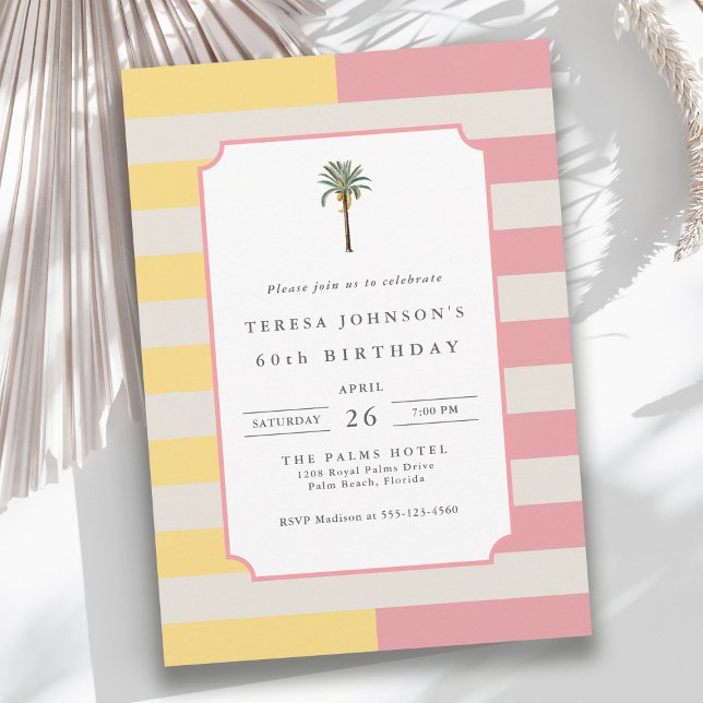 Convites Palm Beach Pastel Stripe Tropical 60th Birthday (Available as both printed and instant download digital formats.)