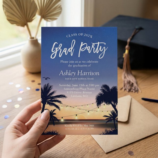Convites Palm Beach Sunset String Lights Festa de formatura (Criador carregado)