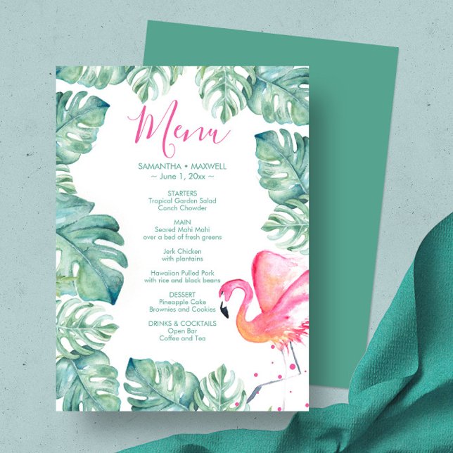 Convites Palm De Aquarela Deixa O Menu Tropical Flamingo Ro (Birthday menu tropical pink flamingo palm leaves art by Victoria Grigaliunas of Do Tell A Belle)