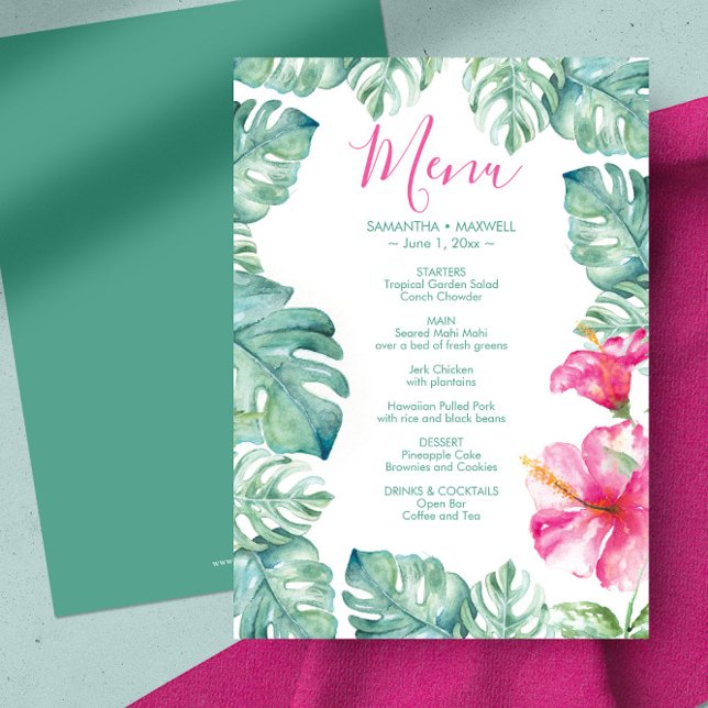 Convites Palm De Aquarela Deixa O Menu Tropical Rosa Hibisc (menu card tropical vibrant pink hibiscus flowers monstera palm leaves. )