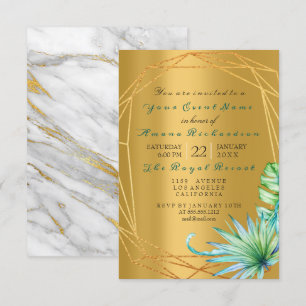 Convites Palm Dourado Mint Tropic Marble Cinza Aniversário 