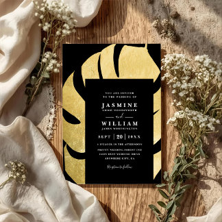 Convites Palm Leaf on Black Elegant Chic QR Code Wedding