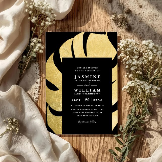 Convites Palm Leaf on Black Elegant Chic QR Code Wedding (Criador carregado)