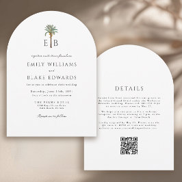 Convites Palm Monogram Elegant Arch Tropical Wedding QRCode