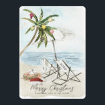 Convites Palm Tree & Beach Chairs Tropical Holiday Card<br><div class="desc">Este cartão de Natal "Feliz Natal deste lado do mundo" apresenta uma palmeira com ornamentos e luzes, um par de cadeiras de praia sob o guarda-chuva numa praia arenosa em aquarela. O verso apresenta palmeiras e oceanos em aquarela. Personalize-o para as suas necessidades. Você pode encontrar produtos correspondentes na minha...</div>