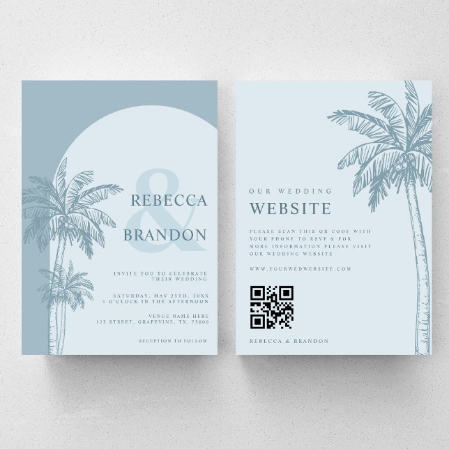 Convites Palm Tree Boho Beach Dusty Blue Código QR Casament (Criador carregado)