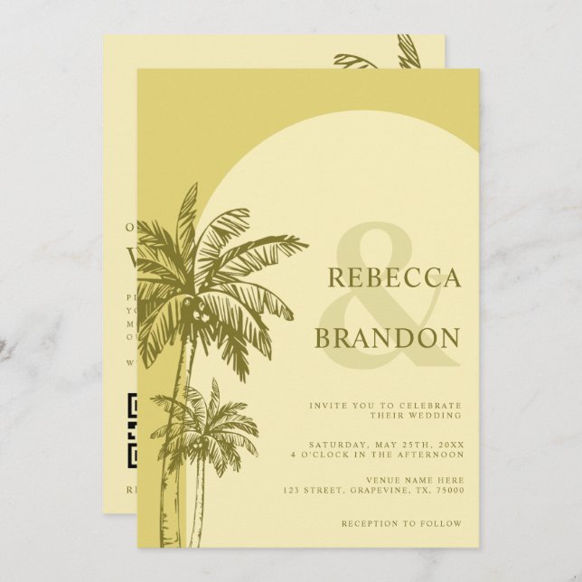 Convites Palm Tree Boho Beach Yellow QR Code Wedding (Frente/Verso)