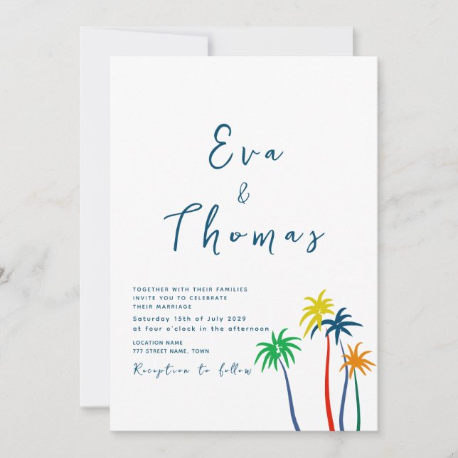 Convites Palm Tree Minimal Beach Wedding (Frente)