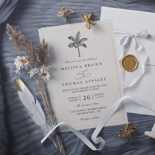 Convites Palm Tree Minimalist Destination QR Code Wedding (Criador carregado)