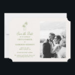 Convites Palm Tree Photo Wedding Save the Date<br><div class="desc">Palm tree wedding Save the Date card designed for a stylish destination wedding celebration. This elegant photo announcement blends tropical coastal aesthetics with modern minimalist typography, perfect for the relaxed yet sophisticated bride planning a beach, island, or vineyard wedding. Style it with linen envelopes, palm motifs, and soft sage green...</div>