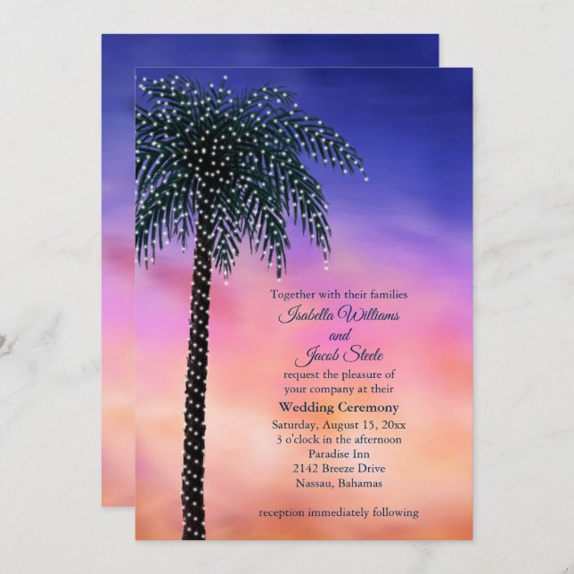 Convites Palm Tree Sunset Casamento das Luzes de String Con (Frente/Verso)