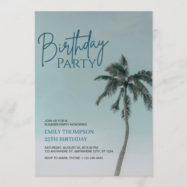 Convites Palm Tree Tropical Beach Birthday Party  (Frente)