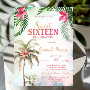Convites Palm Tree Tropical Flores Summer Sweet 16 Party